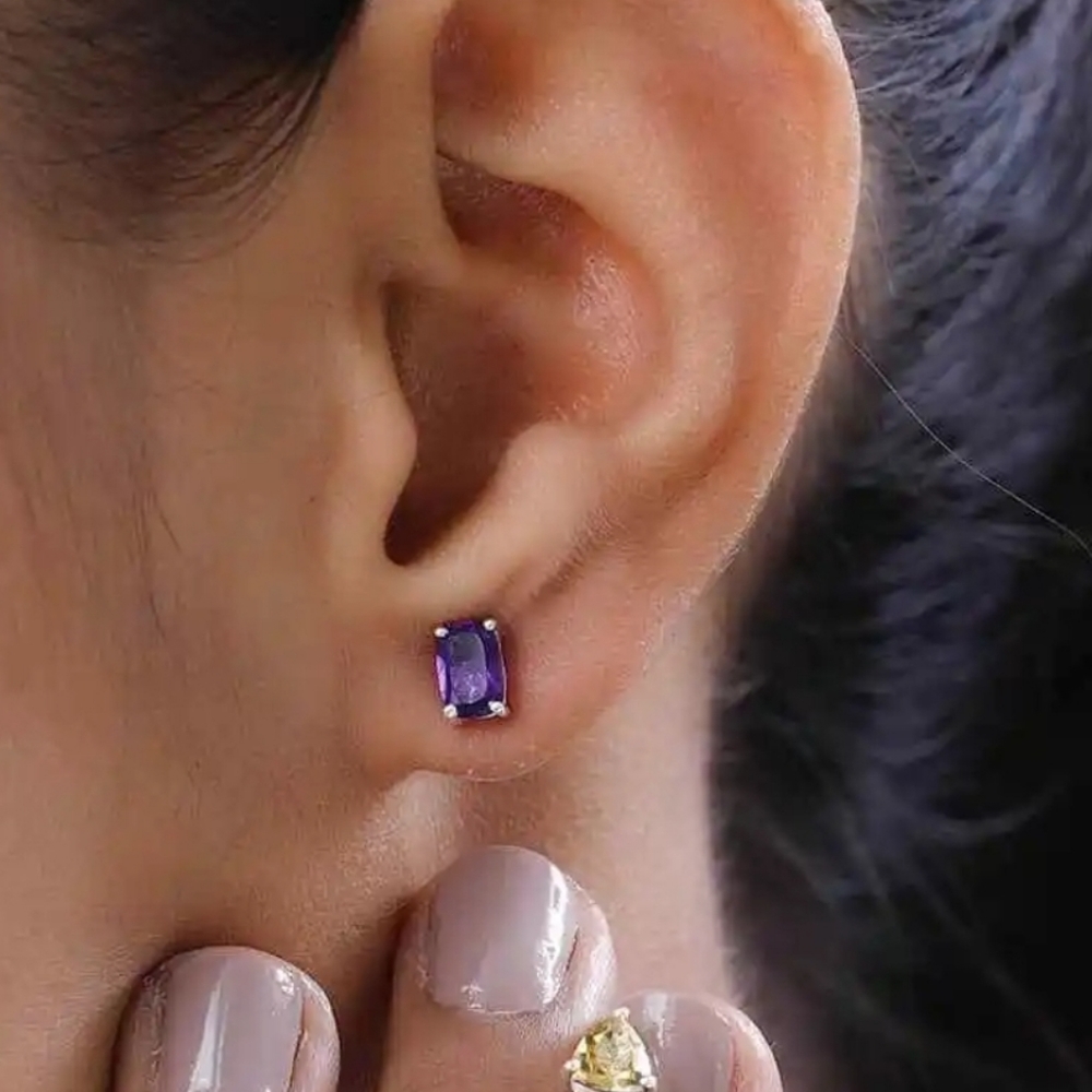 Set of 2 Brazilian Citrine, Amethyst Solitaire Stud Earrings in Sterling Silver - Picture 2 of 2